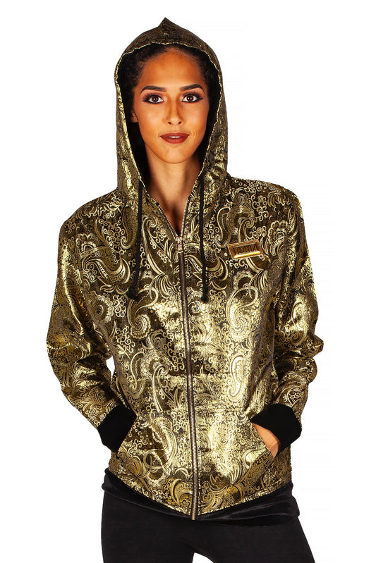 Paisley brocade black/ gold zip hoodie