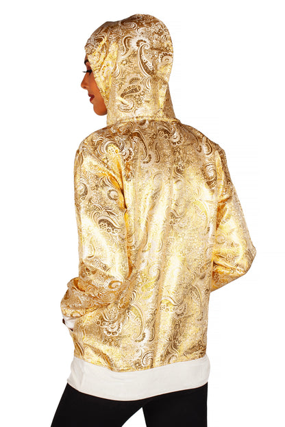 Paisley brocade print white/ gold zip hoodie