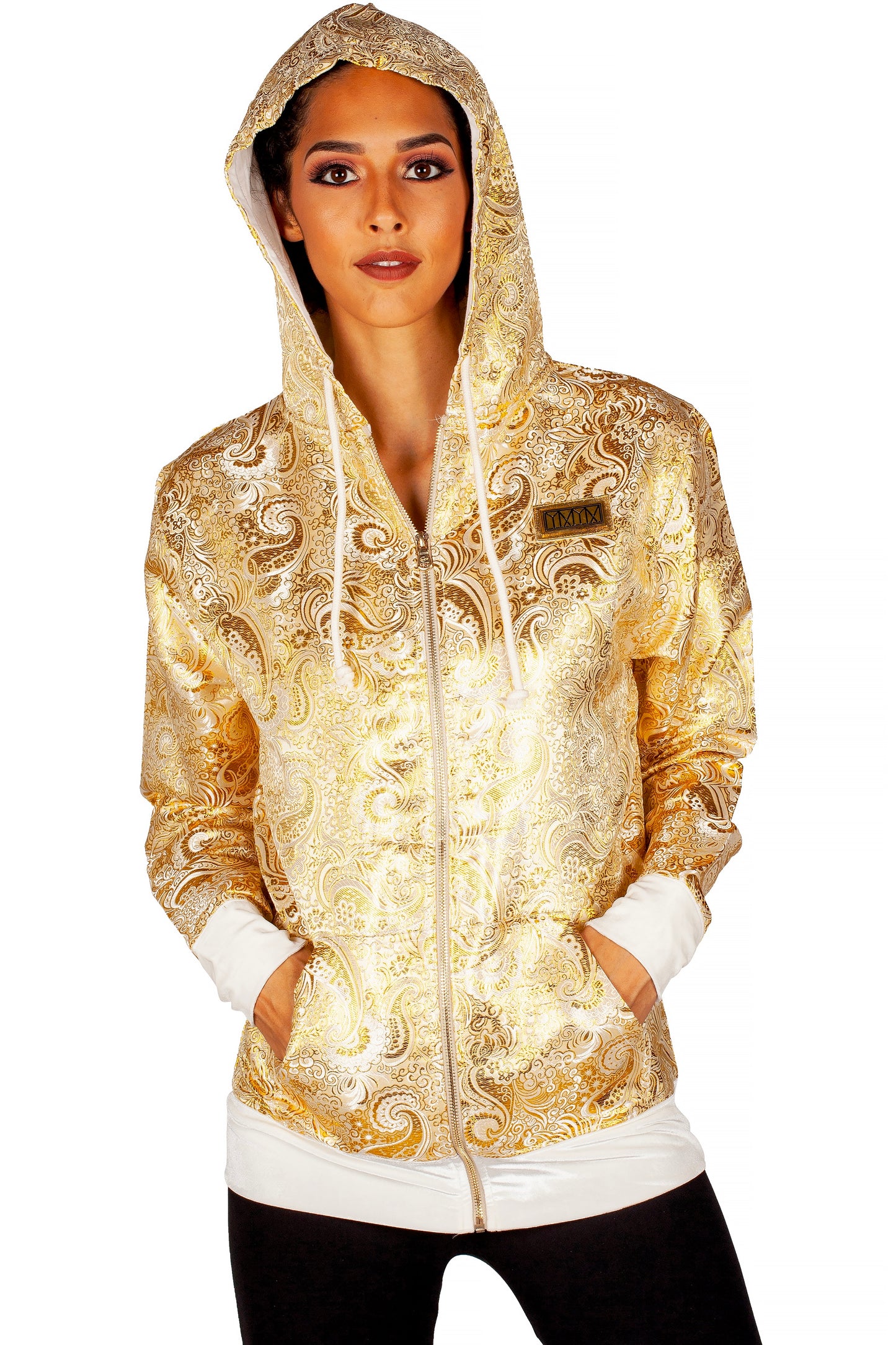 Paisley brocade print white/ gold zip hoodie