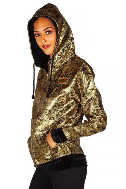 Paisley brocade black/ gold zip hoodie