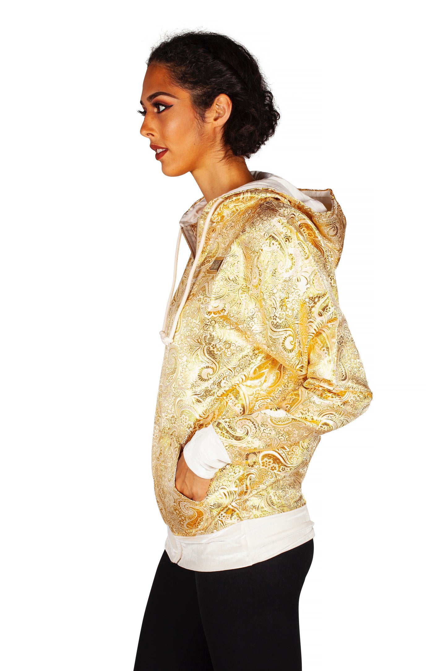 Paisley brocade print white/ gold zip hoodie